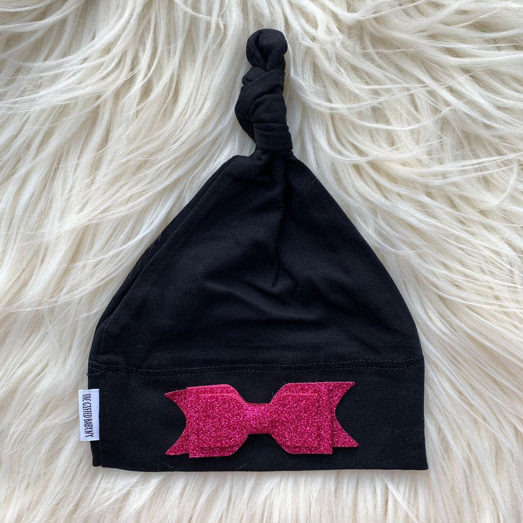 Black Hat Hot Pink Glitter Bow - The Gifted Baby NY