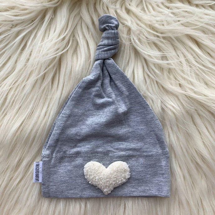 Heather Hat White Fuzzy Heart - The Gifted Baby NY