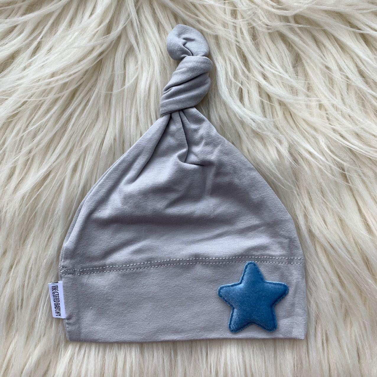 Light Gray Hat Light Blue Velvet Star - The Gifted Baby NY