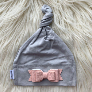 Light Gray Hat Pink Leather Bow - The Gifted Baby NY