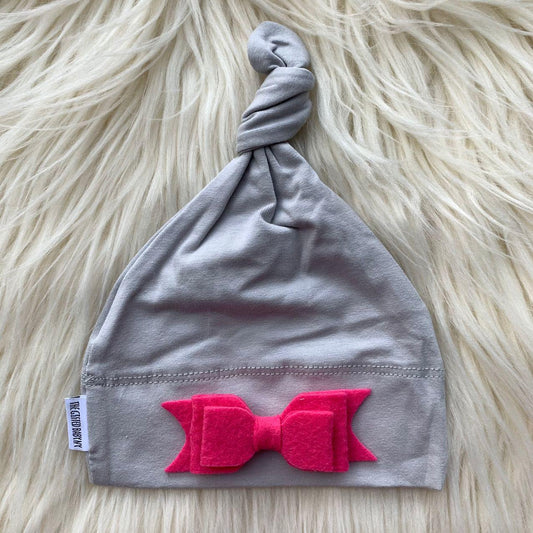 Light Gray Hat Hot Pink Felt Bow - The Gifted Baby NY